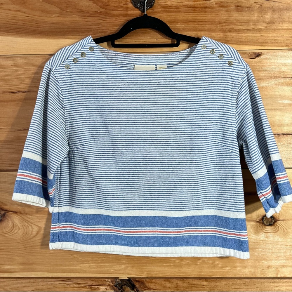 Maeve Anthropologie Sullivan Blue & White Cropped Cotton Blouse Nautical Coastal